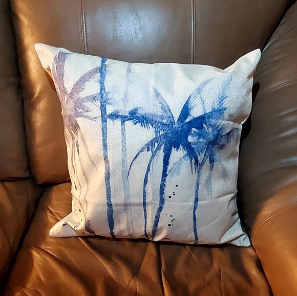 Throw Pillow Cover Accent Palm Trees Blue Purple Canvas Beige Decorative - Picture 1 of 5